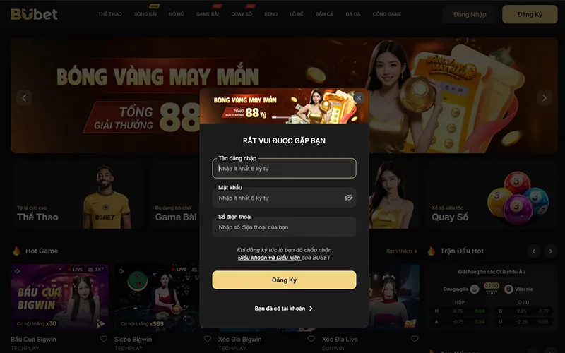 Biểu mẫu đăng ký tài khoản BUBET