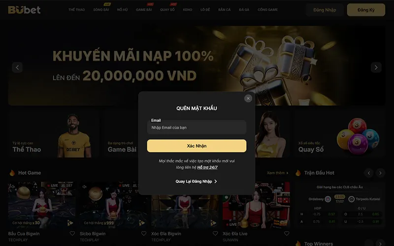 Giao diện khôi phục mật khẩu tài khoản BUBET