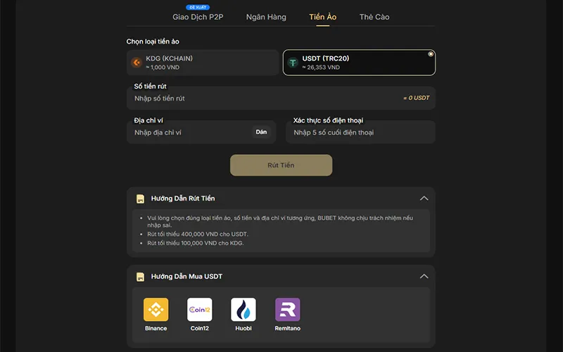 Giao diện rút BUBET USDT an toàn, yêu cầu chính xác ví nhận