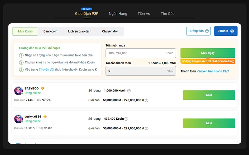 Mua bán Kcoin P2P hỗ trợ người dùng chủ động nạp rút BUBET