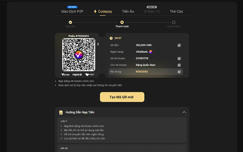 Cách nạp BUBET bằng Codepay với mã chuyển khoản cá nhân